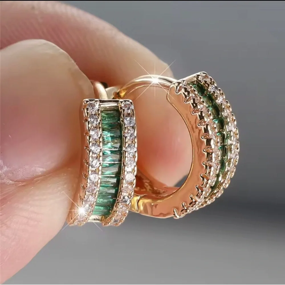 Gold Hoop Earrings with Green and Clear Stones - Women Jewelry